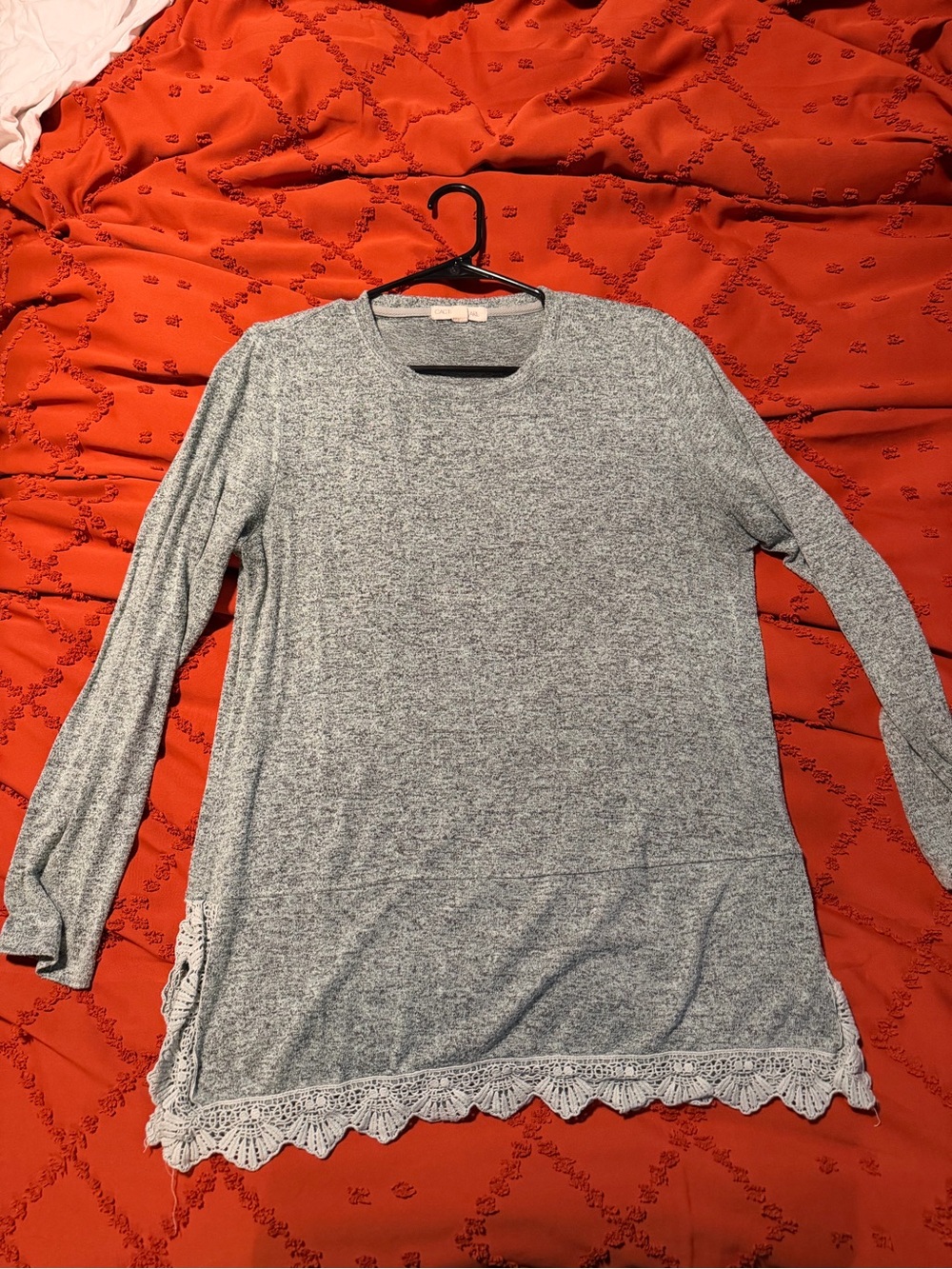 Light Gray/turquoise Long Sleeve Lace-Hem Women's Top